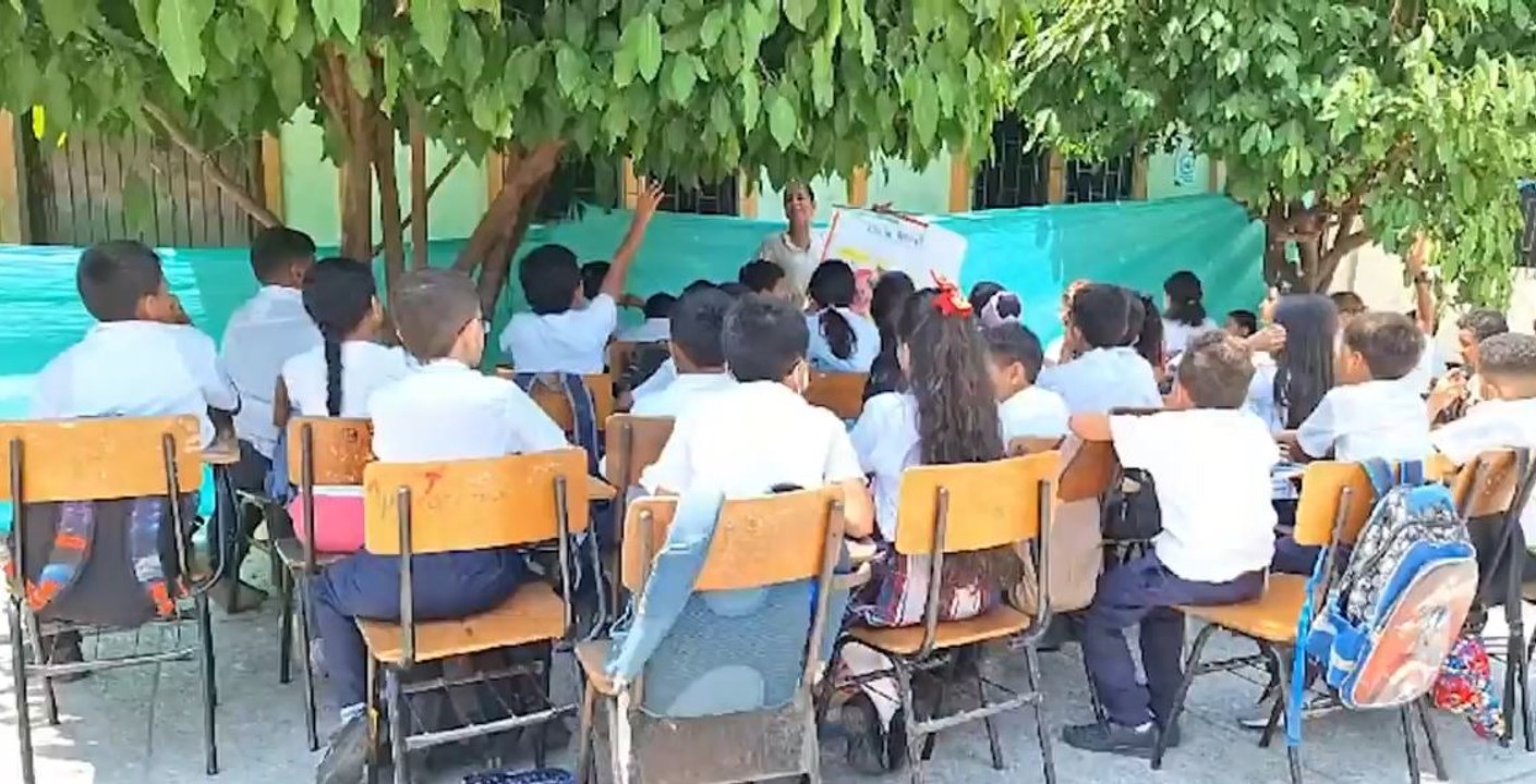 Niños reciben clases debajo de un árbol en Corozal, Sucre