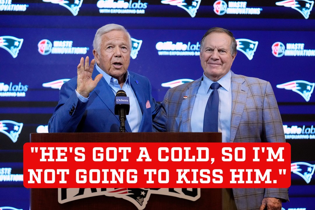 Robert Kraft hugs Bill Belichick and jokes not to kiss him