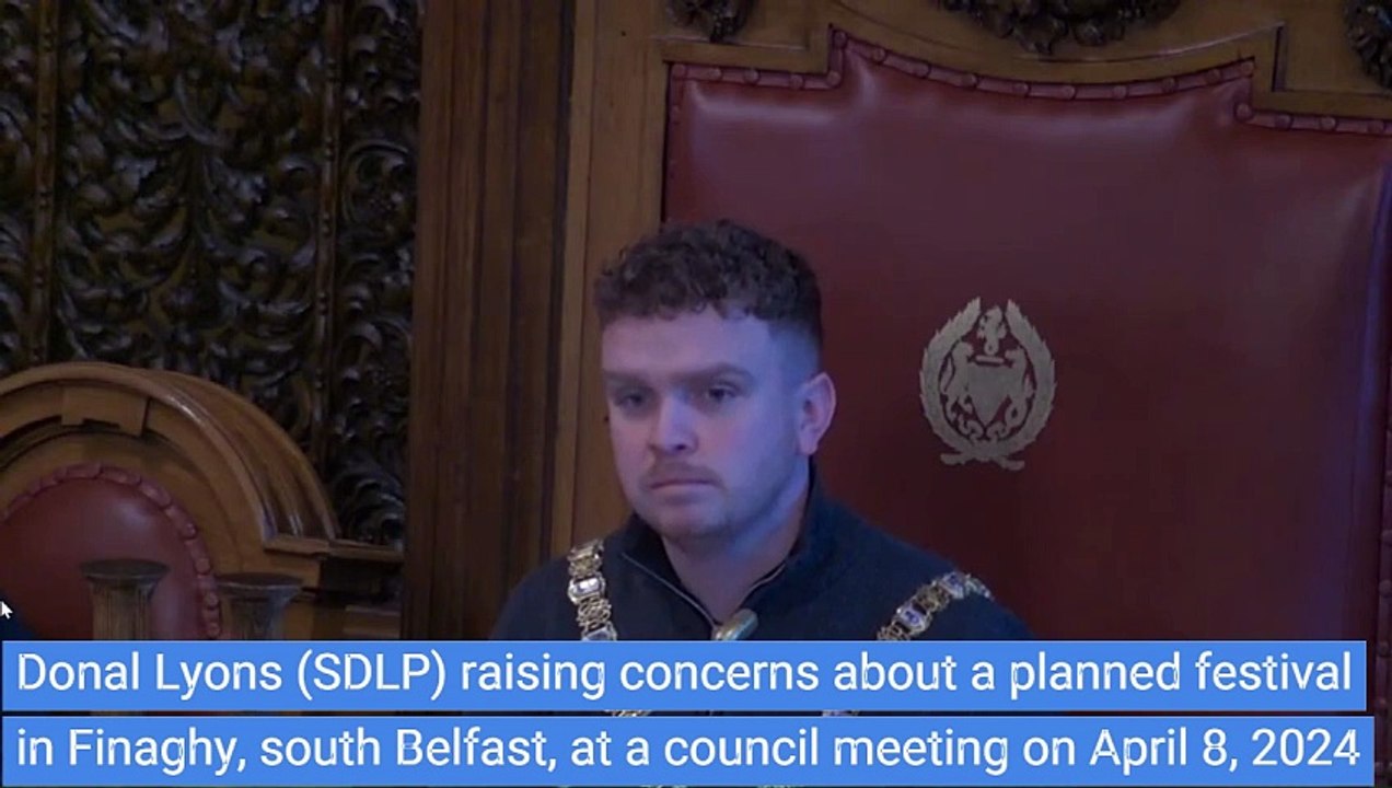 SDLP councillor Donal Lyons raising concerns about Finaghy Festival, Belfast (April 2024)