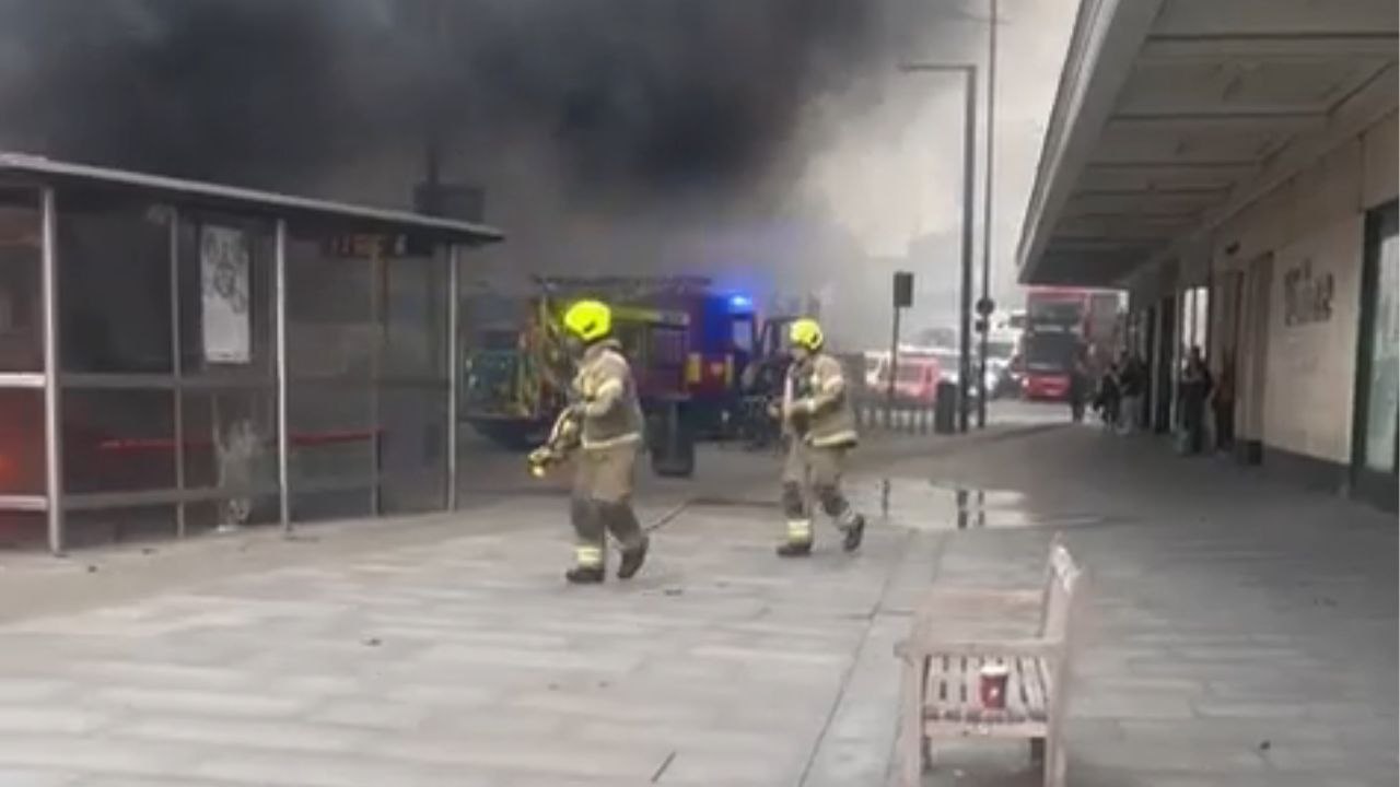 London, UK: Brave firefighters try to cool off a burning van