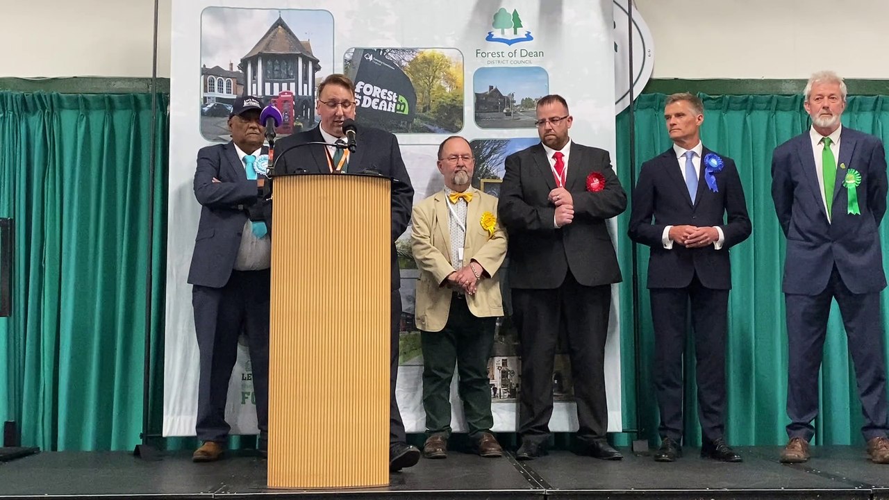 Returning Officer Andrew Knott annouces Labour victory at Forest of Dean