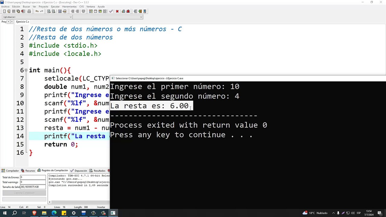Resta de dos números o más números en C