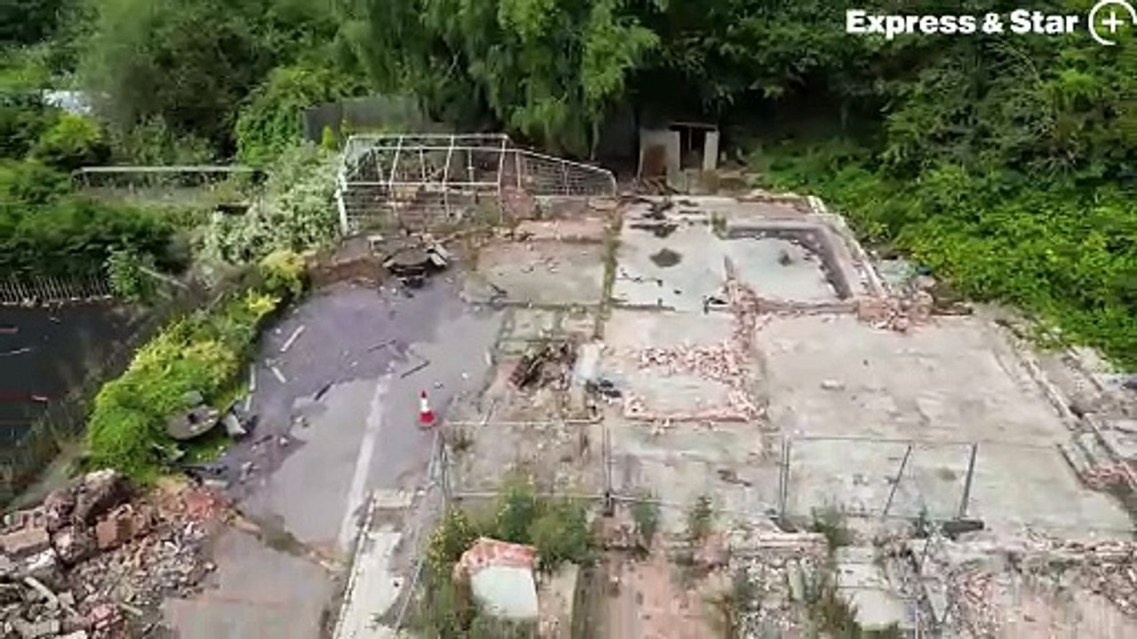 Fresh aerial footage over the site of the former Crooked House pub, Dudley which was demolished exactly one year ago.
