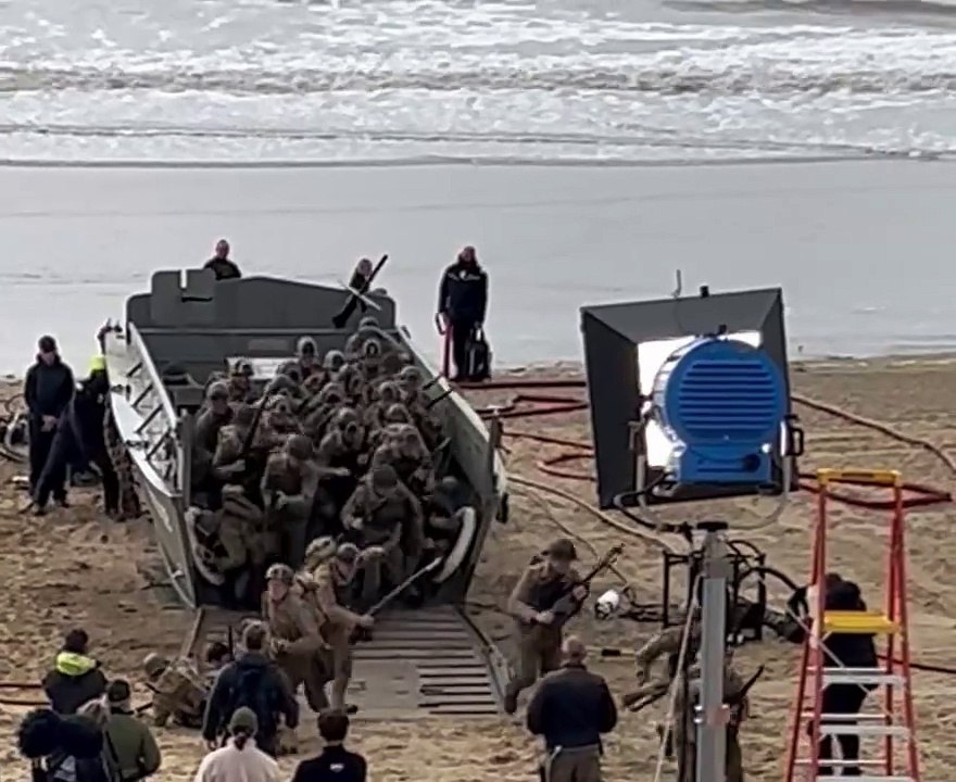 Film crews and cast on Camber beach