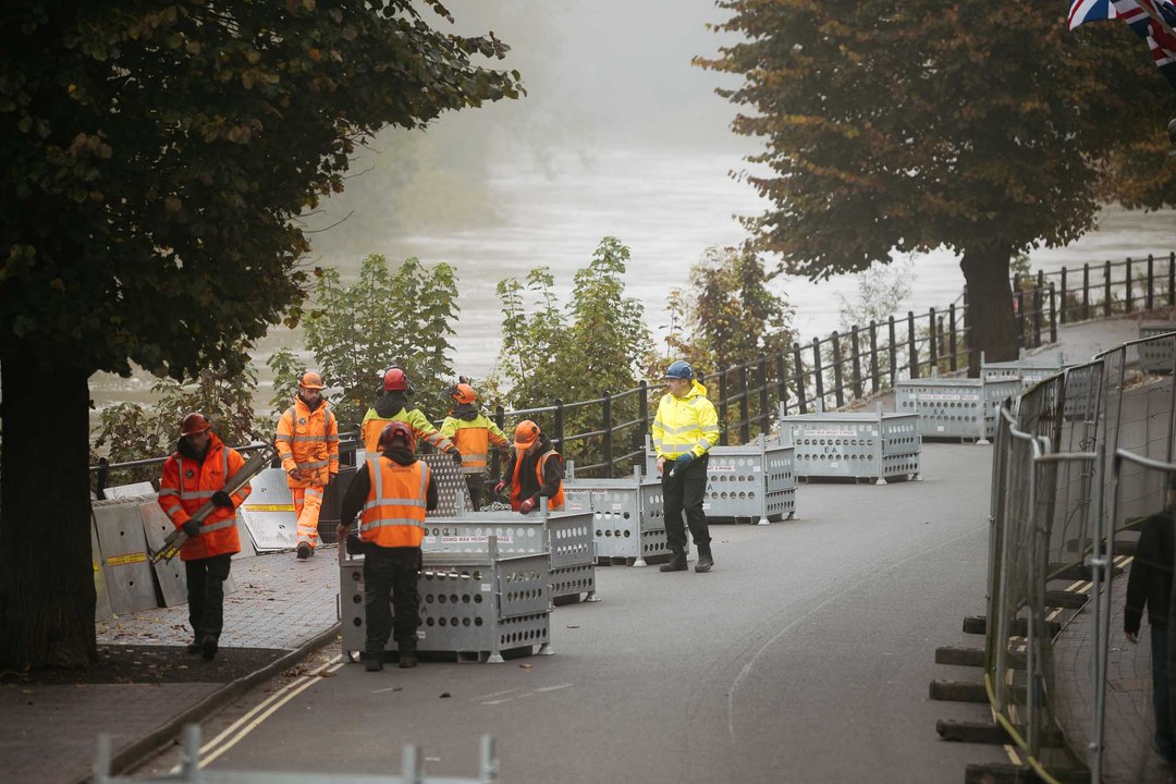 Flood barriers are going up in Ironbridge due to risk of flooding.