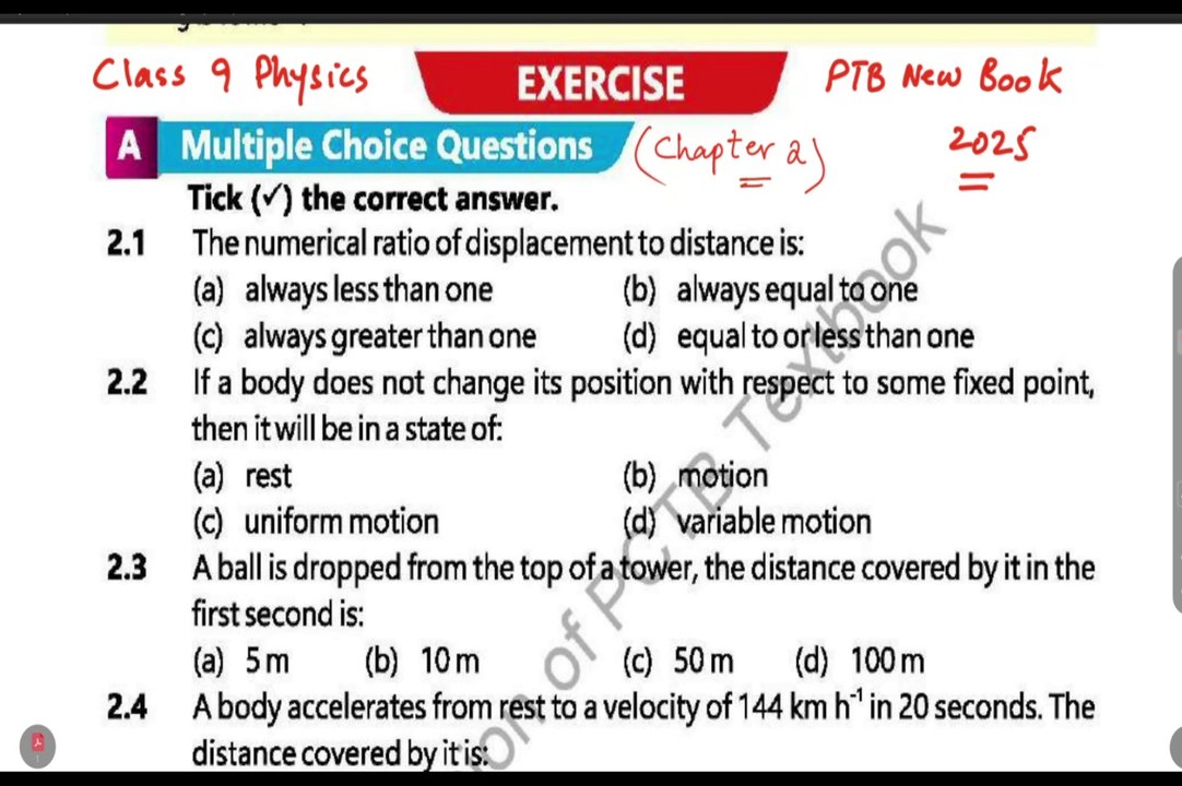 MCQS Chapter 2 Class 9 Physics PTB