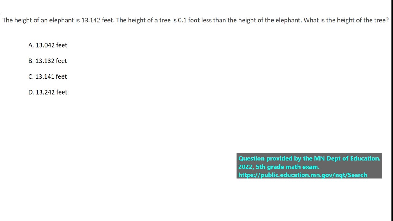 Real state exam question on subtracting decimals (#3). 5th Grade Math.