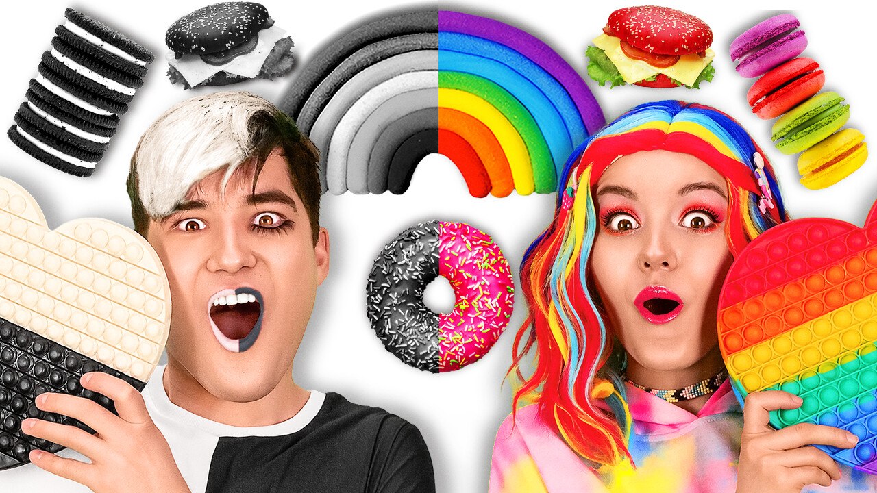 Rainbow Food Vs White And Black Food || Eating Food Only In 1 Color For 24 Hours By 123GO! School