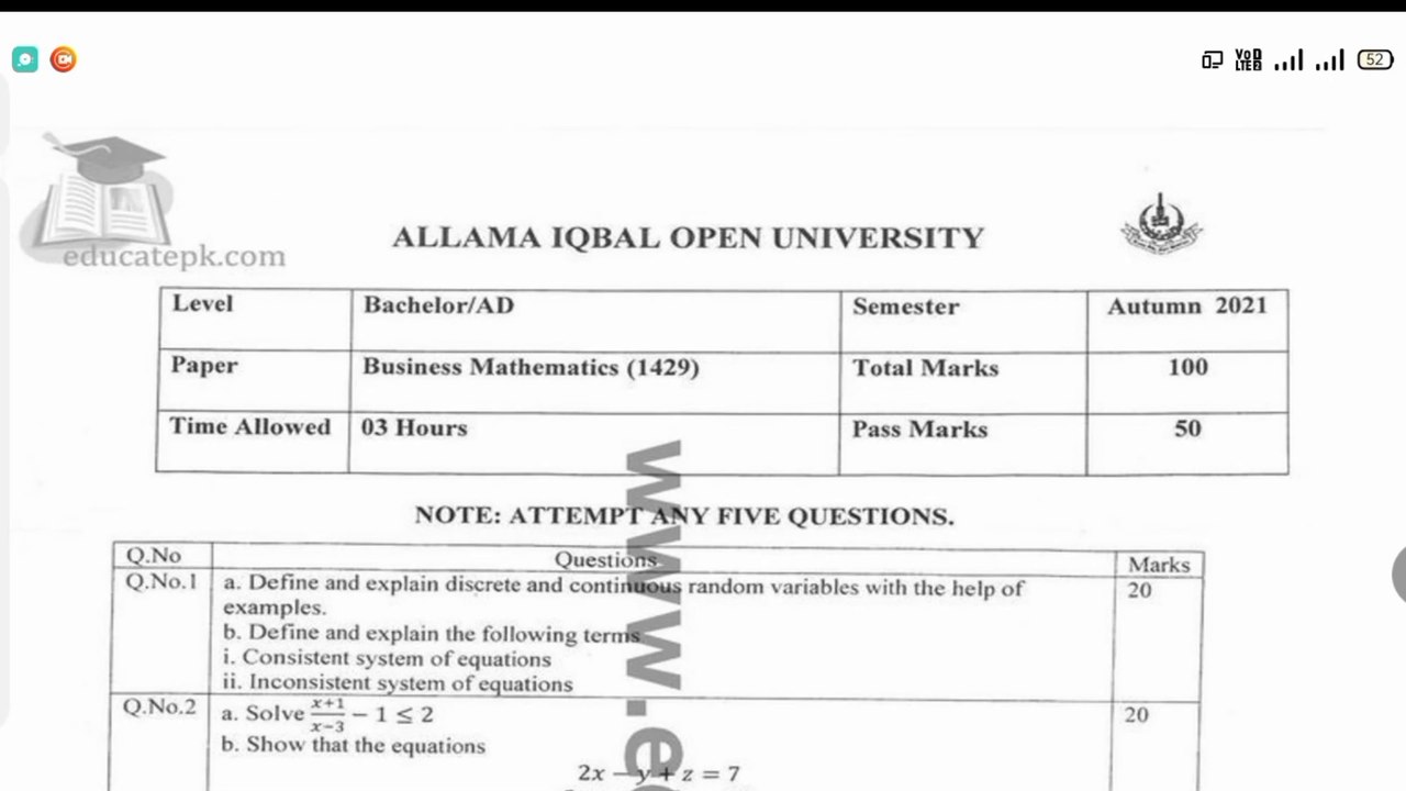 AIOU BA code 1429 Business Math Guess paper