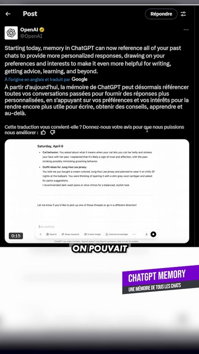 CHATGPT SE SOUVIENT DE TOUT !! 🧠 #chatgpt #gpt4o #actusia #chatgptmemory #openai #gemini
