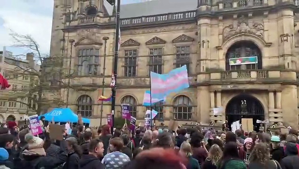 Trans rights campaigners outside Sheffield Town Hall