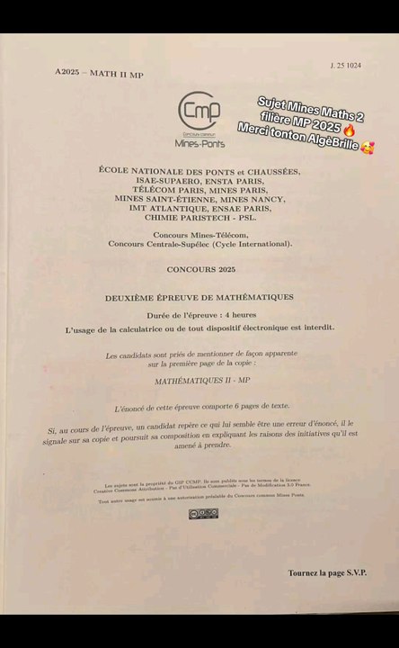 Sujet Mines filière MP 2025Sujet Maths 2 tombé le 24/04/25#prepa #mp #mines #concours #mpsi #mpi #concoursprepa