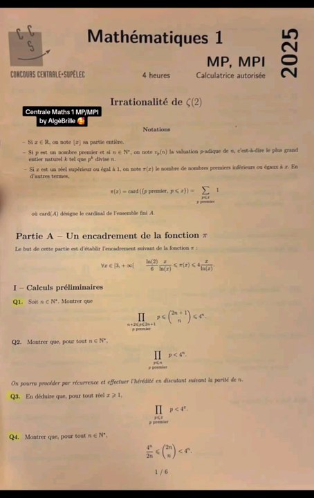 Sujet Centrale Maths 1 MP MPI 2025 🔥Sujet Maths 1 tombé le 28/04/25#prepa #mp #mpi #centrale #maths1   #concours #concoursprepa