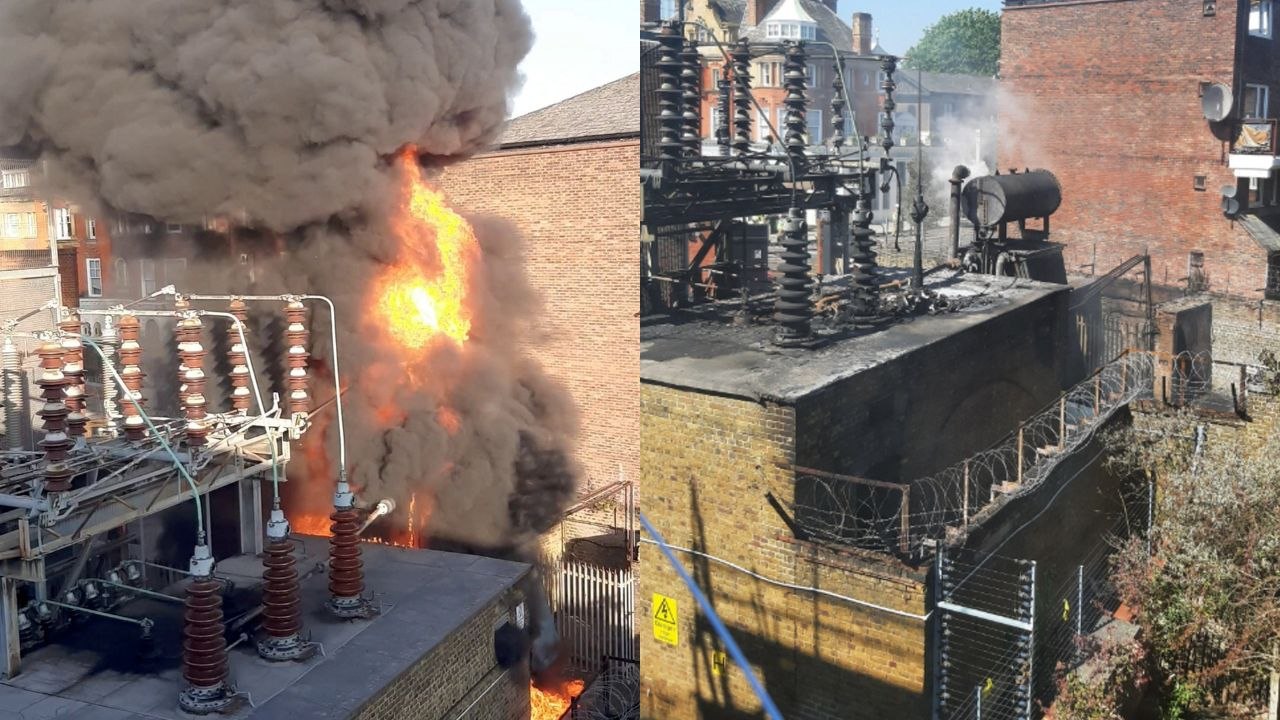 Dramatic close-up footage shows scale of London substation blaze