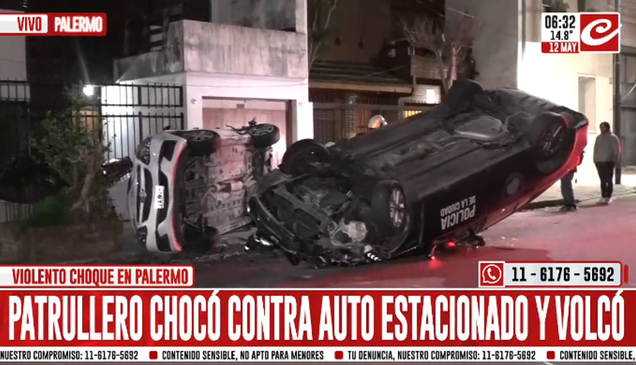 Patrullero chocó contra automóvil estacionado y terminó volcado