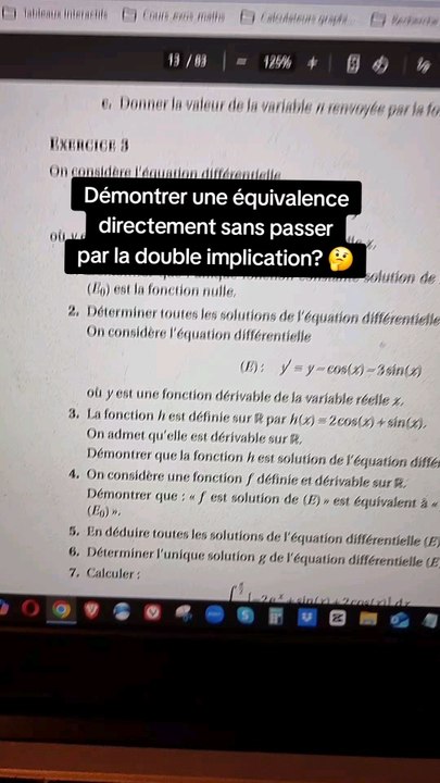 Démo directe d'une équivalence sur des Équations diff - Sujet 1 Bac Centres étrangers 2024 exo 3 ↔️
