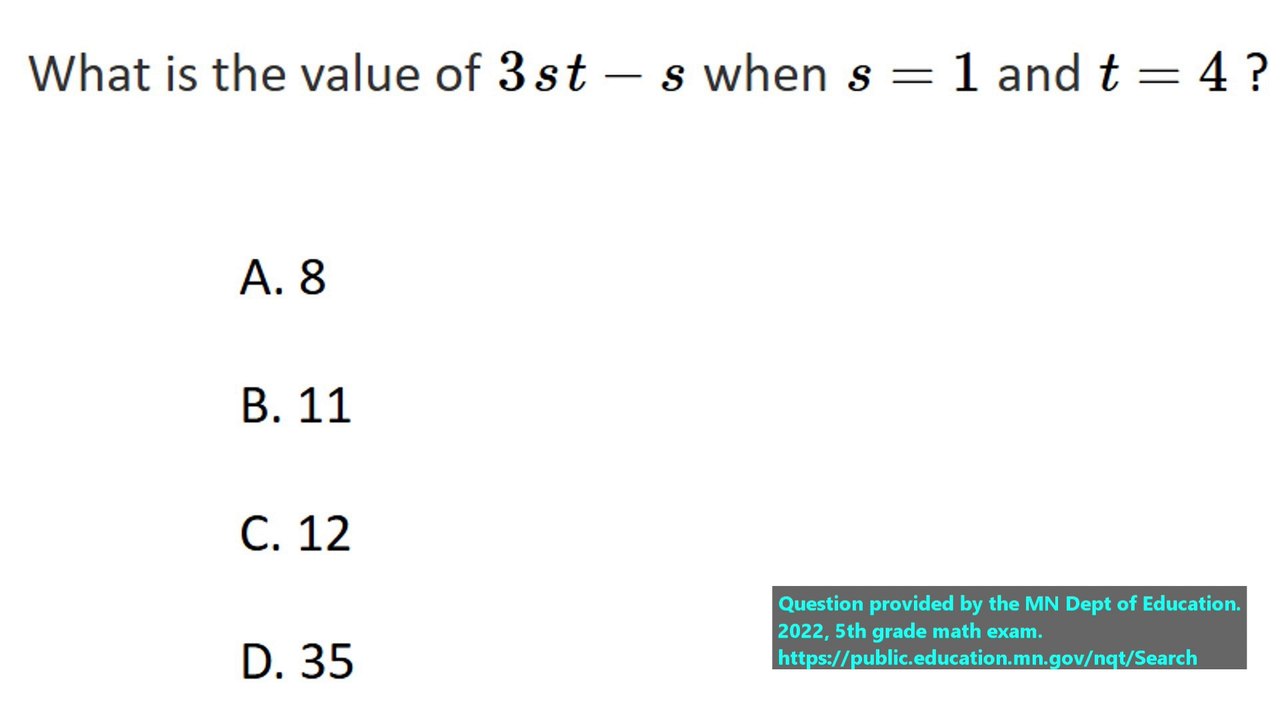 State exam math question on Order of Operations (#11). 5th Grade Math