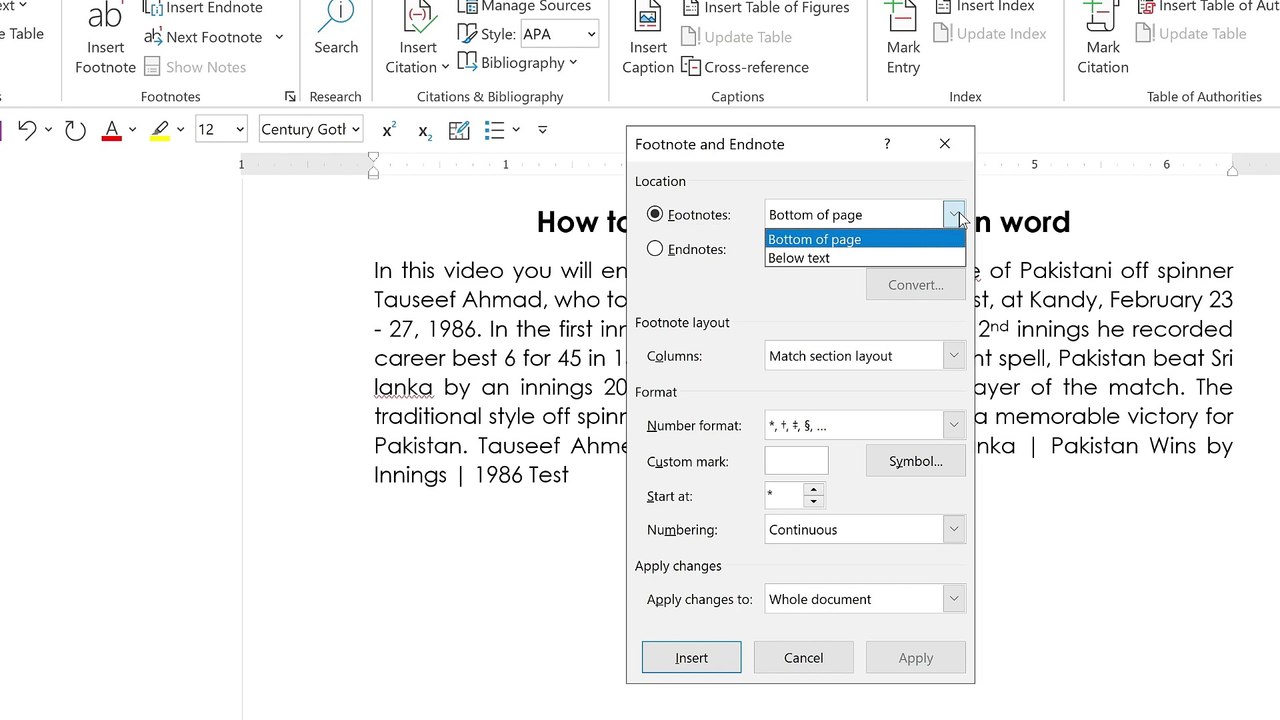 how to insert asterisk footnote in word