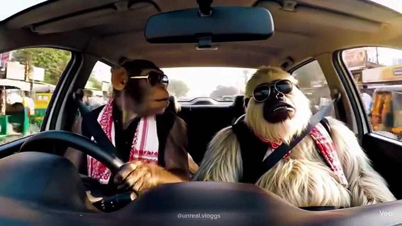 A monkey doing vlog in car with people