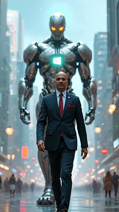 "Futuristic Cityscape: Man in Suit with Giant Robot | Stunning Visuals 2025"