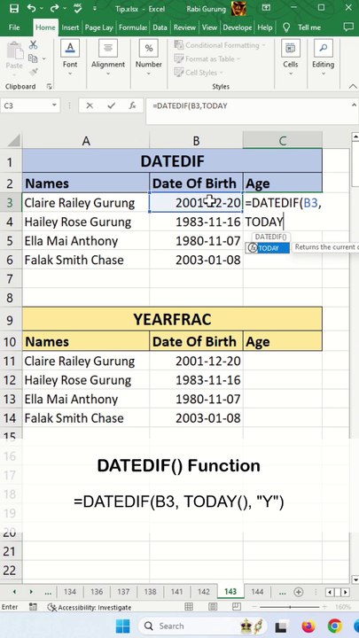 YEARFRAC() vs DATEDIF() in Excel - Excel Tips and Tricks