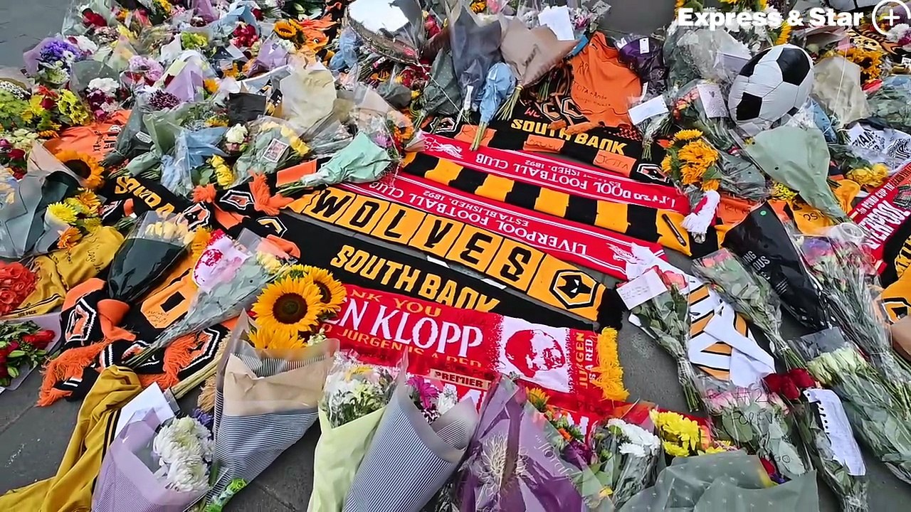 A large number of tributes at Molineux Stadium, after the tragic death of football star Diogo Jota.
