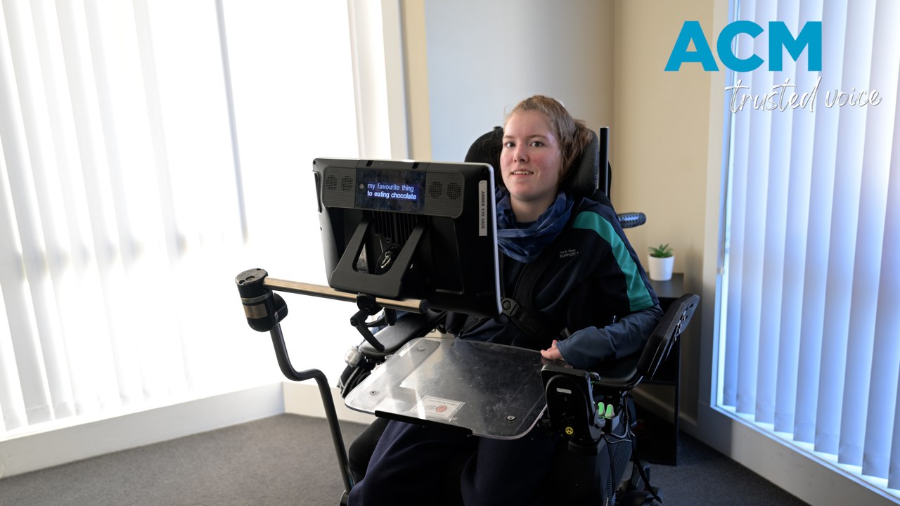 Amber Clarke uses her new eye-gaze technology to communicate