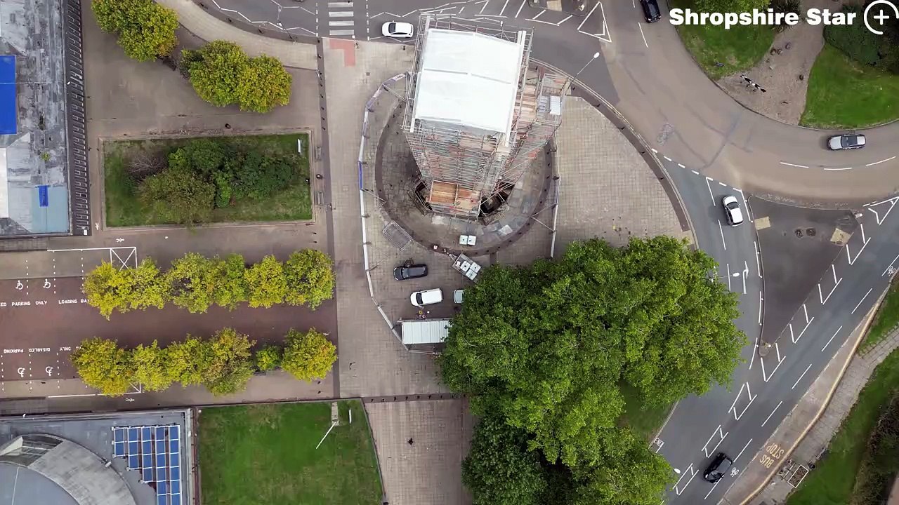 Aerial footage of Lord Hill's Column, Shrewsbury, which is currently covered in scaffolding