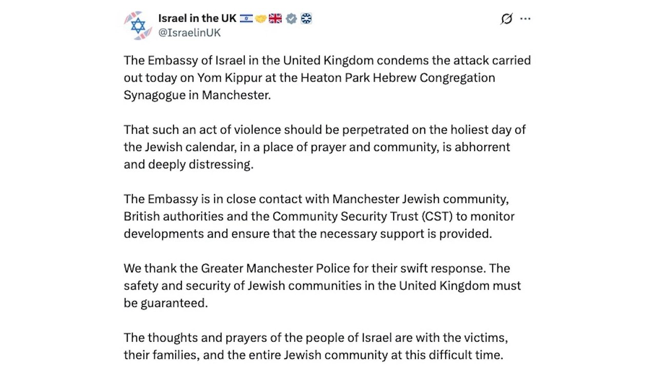Israeli embassy in London condemns synagogue attack in Manchester
