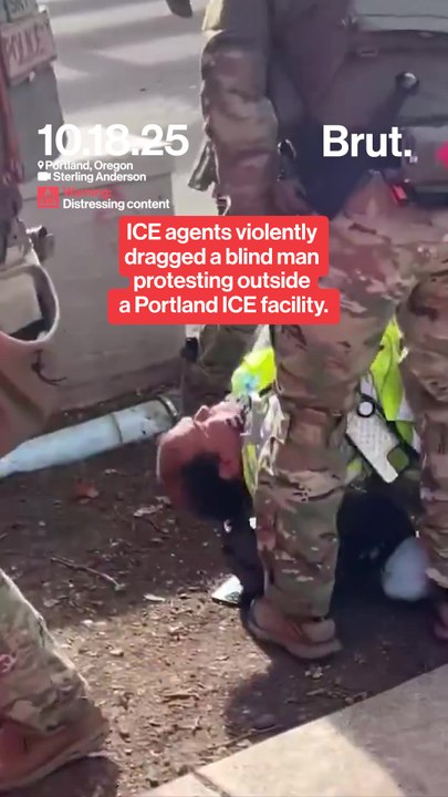ICE agents violently drag a blind man protesting outside a Portland ICE facility.
