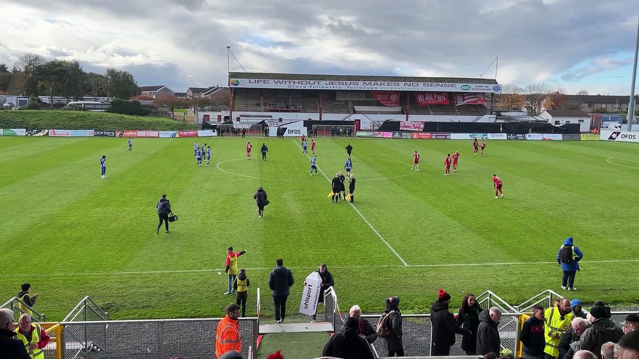 Players swapping sides ahead of kick-off in the Irish League between Portadown and Coleraine